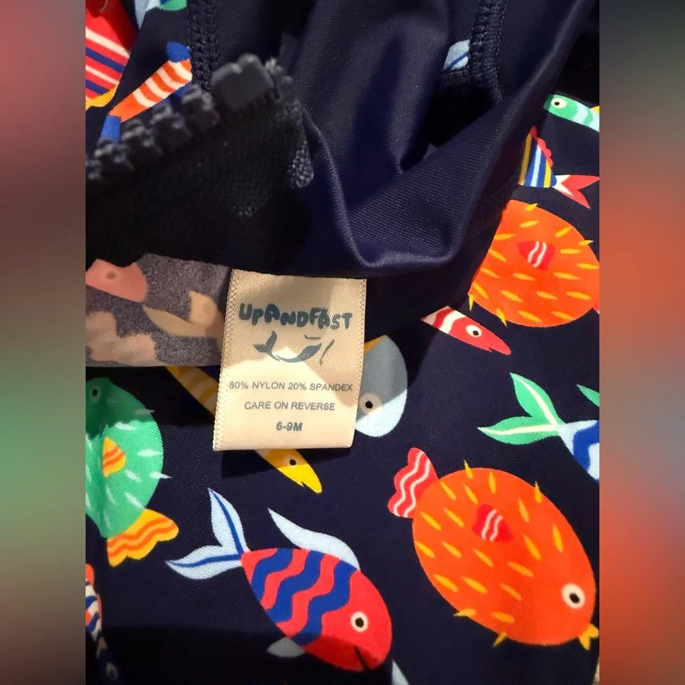 Kids Navy Fish-Print Long Sleeve Rashguard Swimsuit with Hat